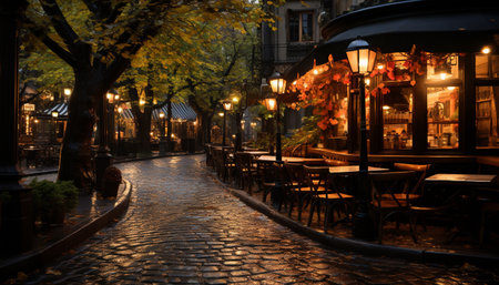 A cozy cafe on a cobblestone street in the evening with warm light shining from the windows and lampposts.の写真素材