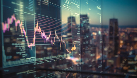 A financial chart displayed on a large screen, with a blurred cityscape in the background, depicting...