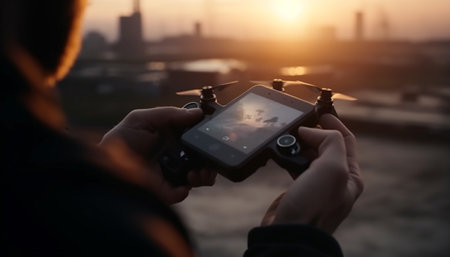 A person holding a drone controller with the screen displaying a sunset over a cityscape, capturing the beauty of the evening sky.の写真素材