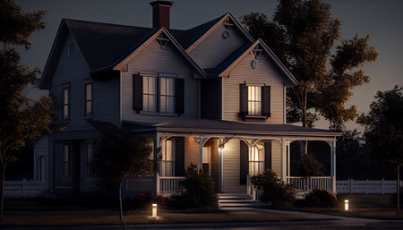 A quaint house with a welcoming porch lit by warm lights stands illuminated under the twilight sky. The home's traditional design and soft light create a cozy atmosphere, while the surrounding trees and bushes add to the peaceful ambiance.の写真素材