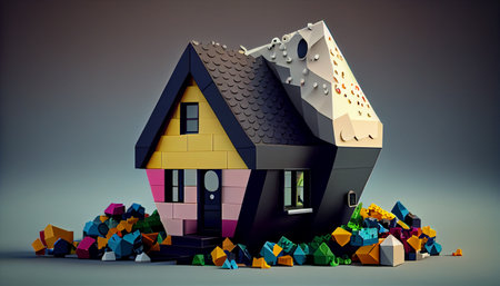Two houses made of Lego blocks, one is traditional and the other is more abstract and modern.
