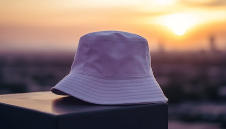 A white bucket hat sits on a ledge with a beautiful sunset in the background. The warm glow of the sun creates a striking contrast with the hat.の写真素材