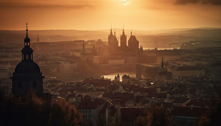 A breathtaking view of Prague's skyline bathed in the warm glow of the setting sun, with iconic architecture and a river flowing through the city.の写真素材