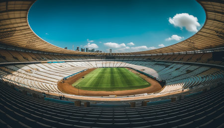 A view of an empty stadium on a bright day with a green pitch and rows of seats.の写真素材