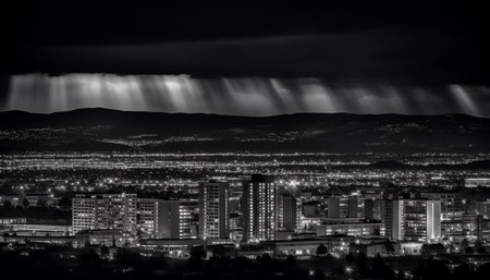 A captivating black and white photograph capturing a nighttime cityscape with a dramatic storm.の写真素材