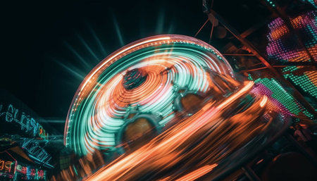 A carousel with colorful lights in motion blur, creating an abstract and dynamic pattern at a nighttime carnival.の写真素材