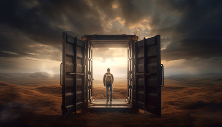 A lone man stands at the doorway of a large container, gazing out at a vast field and a dramatic...