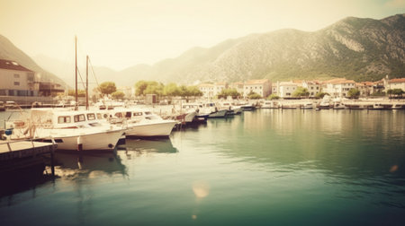 A picturesque view of a marina in a Mediterranean town, with boats docked and a backdrop of mountains. The calm water and sunlit scene create a serene atmosphere.の写真素材