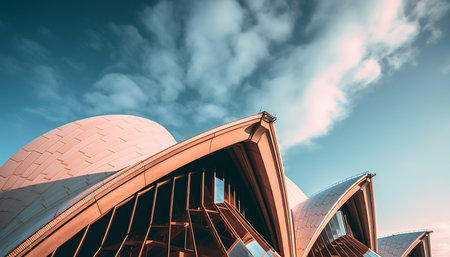 Close-up view of the Sydney Opera House's curved roof against a blue sky with clouds.の写真素材