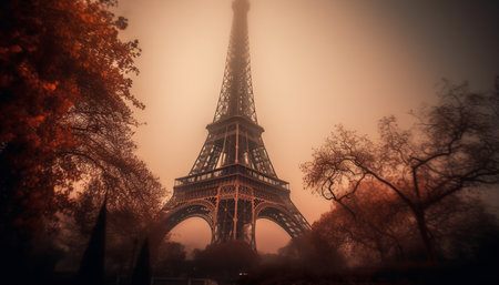 A majestic view of the Eiffel Tower shrouded in mist, capturing a sense of mystery and wonder. The...