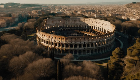 An aerial view of the Colosseum in Rome, Italy. The ancient amphitheater stands tall against a backdrop of the city.の写真素材
