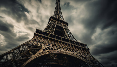 A low angle view of the Eiffel Tower in Paris, France, with a dramatic cloudy sky above.
