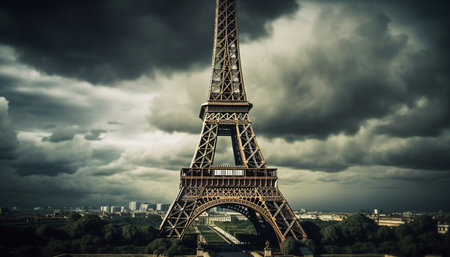 A view of the iconic Eiffel Tower in Paris with a dramatic, stormy sky overhead.