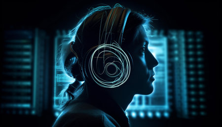 A silhouette of a woman wearing headphones, illuminated by abstract blue lights, suggesting a focus on music and technology.の写真素材