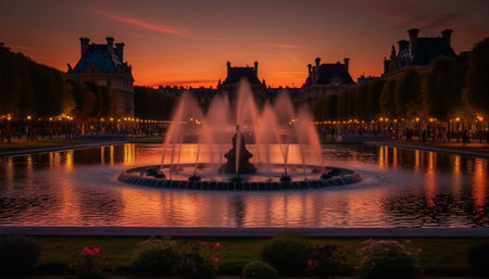 A picturesque sunset view of a fountain in a Parisian park, with buildings and trees silhouetted against the vibrant sky.の写真素材