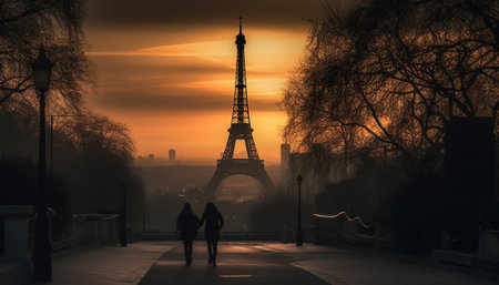 A silhouette of a couple walking hand-in-hand in front of the Eiffel Tower during a beautiful sunset.の写真素材