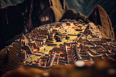 A detailed miniature model of Machu Picchu, showing the ancient Inca city's intricate architecture and terraced landscape.の写真素材