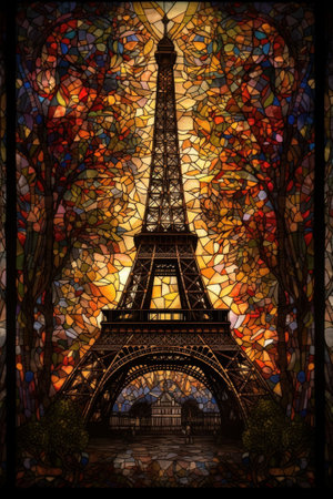 A beautiful stained glass rendition of the Eiffel Tower. This unique artwork captures the iconic structure in a vibrant and colorful way.の写真素材
