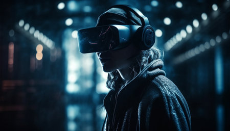 A woman wearing a VR headset, exploring the world of virtual reality