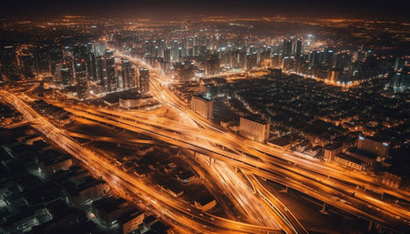 An aerial view of a bustling city at night, illuminated by a network of intertwining highways and streetlights.の写真素材