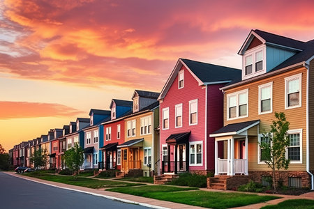 A row of colorful houses on a street, bathed in the warm glow of a sunset sky.の写真素材