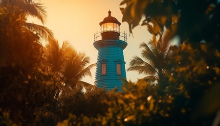 A picturesque lighthouse stands tall against a vibrant sunset sky, framed by lush palm trees. The golden hour casts a warm glow over the scene, creating a captivating image of tropical tranquility.の写真素材