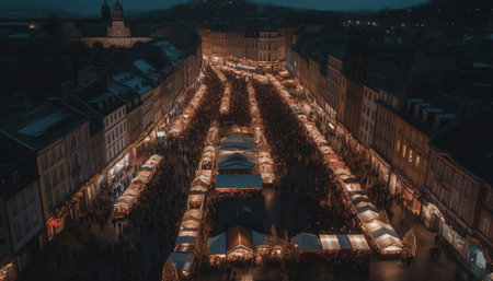 A breathtaking aerial view of a Christmas market in a European city. The street is filled with brightly lit stalls and bustling with people, creating a vibrant and festive atmosphere.の写真素材
