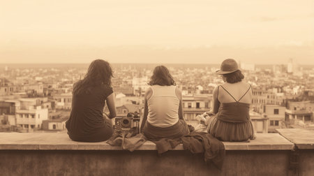 Three friends sit together on a rooftop overlooking a cityscape. They appear to be admiring the view, enjoying the moment.の写真素材
