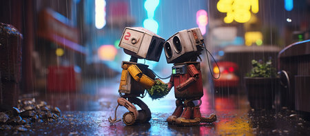 Two endearing robots meet under the rain in a vibrant, neon-drenched city. Their connection is palpable despite the harsh environment.の写真素材