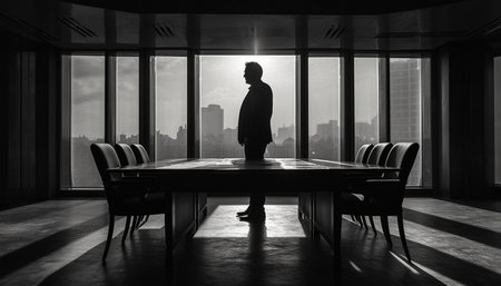 A silhouette of a man standing in a modern office, looking out over a city skyline. The image...