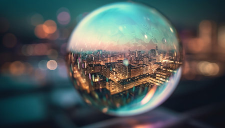 A cityscape reflected in a glass sphere at night, showcasing the urban sprawl and the illuminated...