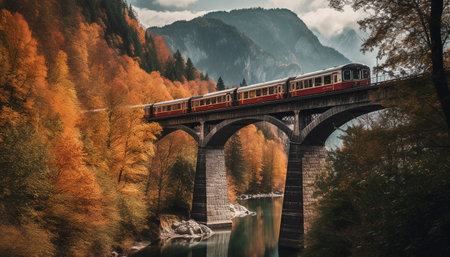 A red train crossing a stone bridge in the mountains during autumn