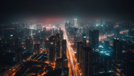 An aerial view of a city at night, with buildings illuminated by streetlights and car headlights.