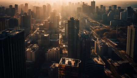 Aerial view of a city at sunrise, showing tall buildings and a golden light emanating from the sun.