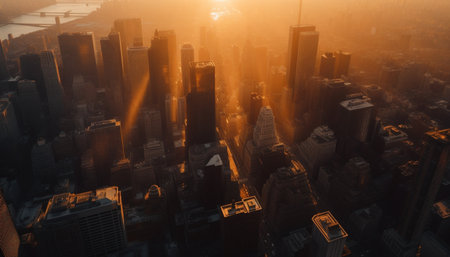 An aerial shot of a city skyline with the sun rising in the background, creating a golden glow over the buildings.の写真素材