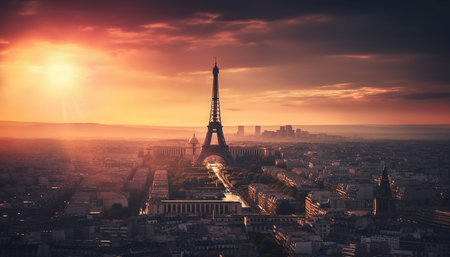 An aerial view of the iconic Eiffel Tower in Paris, France, during a stunning sunset. The golden...