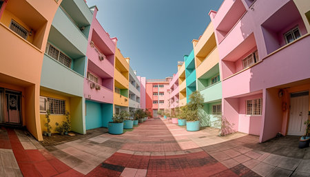 A colorful courtyard with buildings on either side. The buildings are painted in a variety of bright colors and have balconies and windows.の写真素材