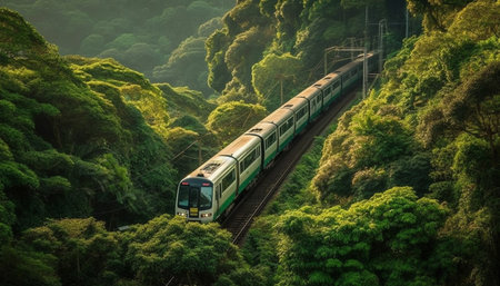 A train winds through a dense forest, showing a serene and verdant landscape. The green foliage...