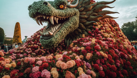 A close-up of a large dragon sculpture made of flowers, the dragon is made from a variety of flowers...