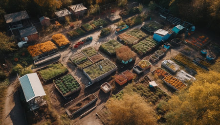An aerial perspective of a nursery garden with rows of plants, trees, and soil.
