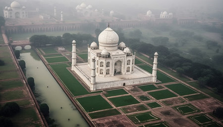 An aerial view of the Taj Mahal, a stunning ivory-white marble mausoleum in Agra, India. The monument is surrounded by a lush green garden and a symmetrical canal.の写真素材