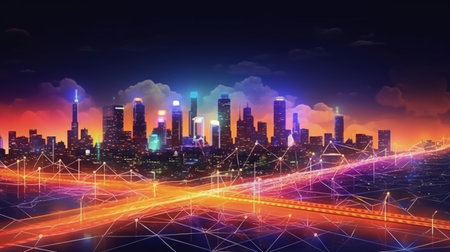 A vibrant cityscape at night, illuminated by colorful lights. The skyscrapers create a dramatic...