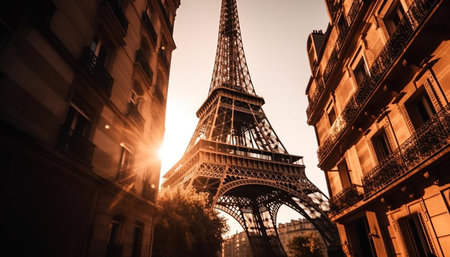 A low-angle shot of the Eiffel Tower in Paris, France, captured at sunrise. The golden light...