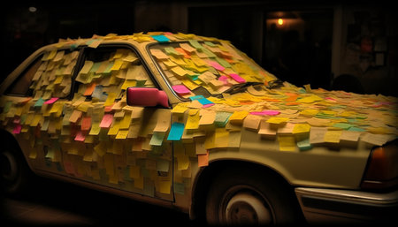 A close up of a car fully covered with colorful sticky notes, likely as a creative and humorous street art piece.の写真素材
