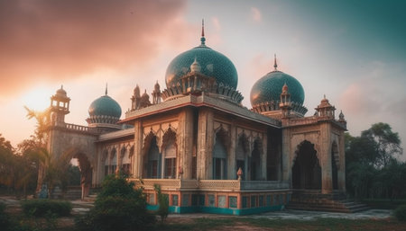 A grand mosque with intricate details and a beautiful sunset in the background.の写真素材