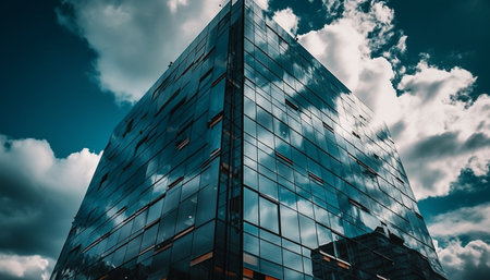 A modern skyscraper with a glass facade reflecting the clouds in the sky.の写真素材