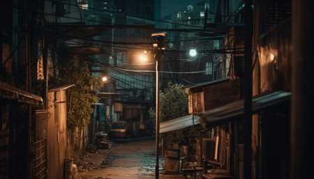 A narrow alleyway in a city at night, illuminated by a single streetlight. The walls are lined with buildings, some of which have windows and doors.の写真素材