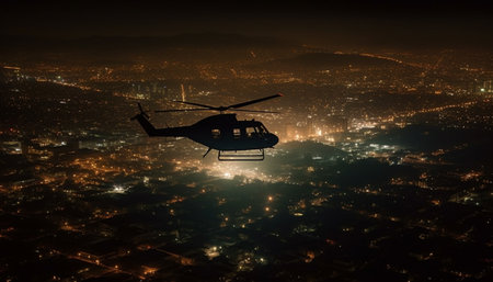 A helicopter flies over a city at night, with the cityscape illuminated by thousands of lightsの写真素材