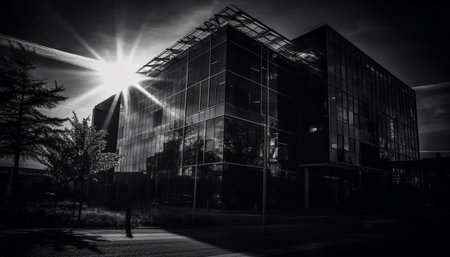 A black and white photo of a modern glass building with the sun shining in the background. The sun creates a flare and rays of light, highlighting the building's structure and architecture.の写真素材