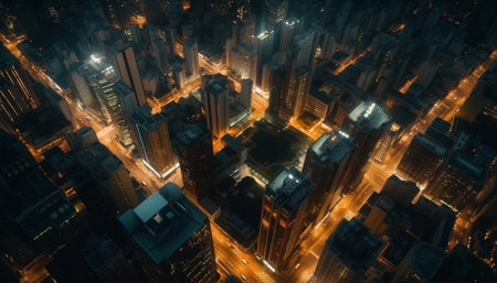 A bird's eye view of a densely populated city at night, showcasing the illuminated streets and towering skyscrapers.の写真素材